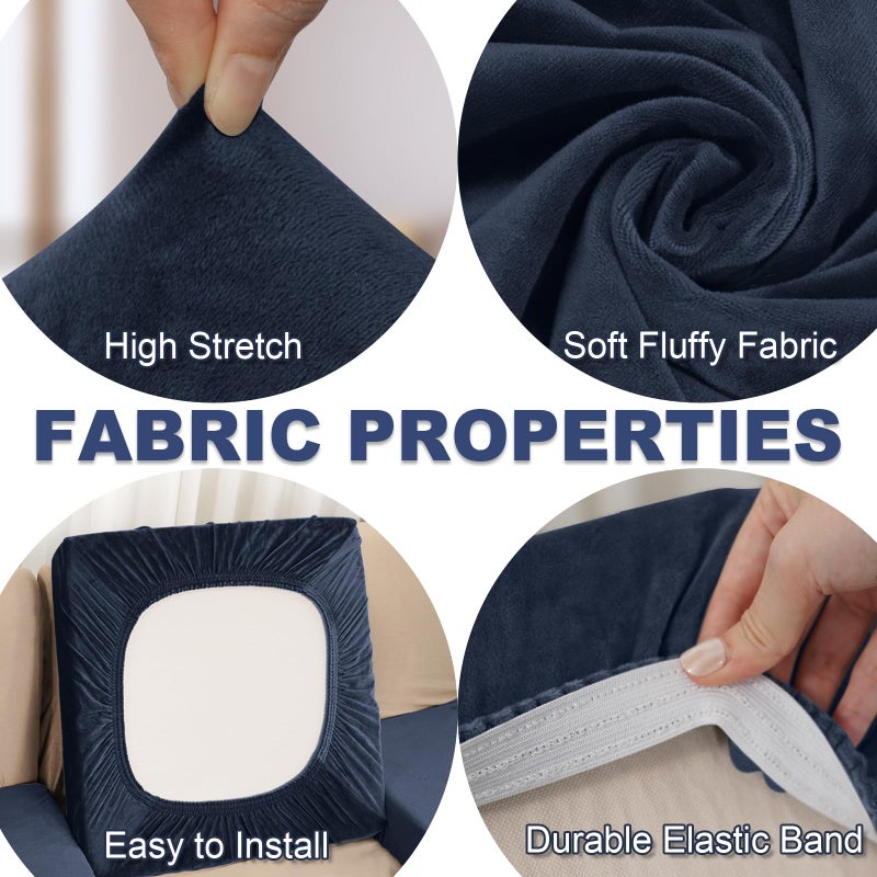 BT.WA Sectional Couch Covers for 4-Piece Seat Cushion Velvet Separate L Shape Couch Cover Stretch Sofa Slipcover with 2 Pieces Pillowcases Furniture Protector (Sofa 3 Seater + 1 Chaise  Navy) - Image 3